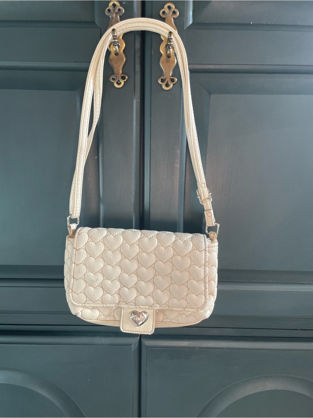 Cream Quilted Heart-Pattern Crossbody Bag with Heart Clasp